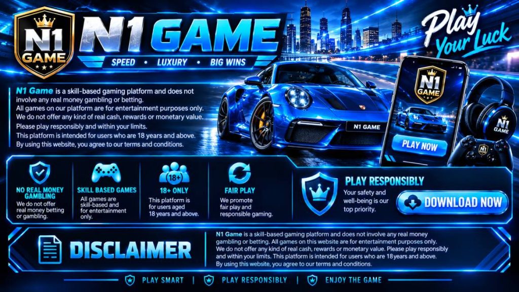 N1 Game 2026 promotional banner featuring a blue sports car, gaming app interface, responsible gaming disclaimer, and download button.