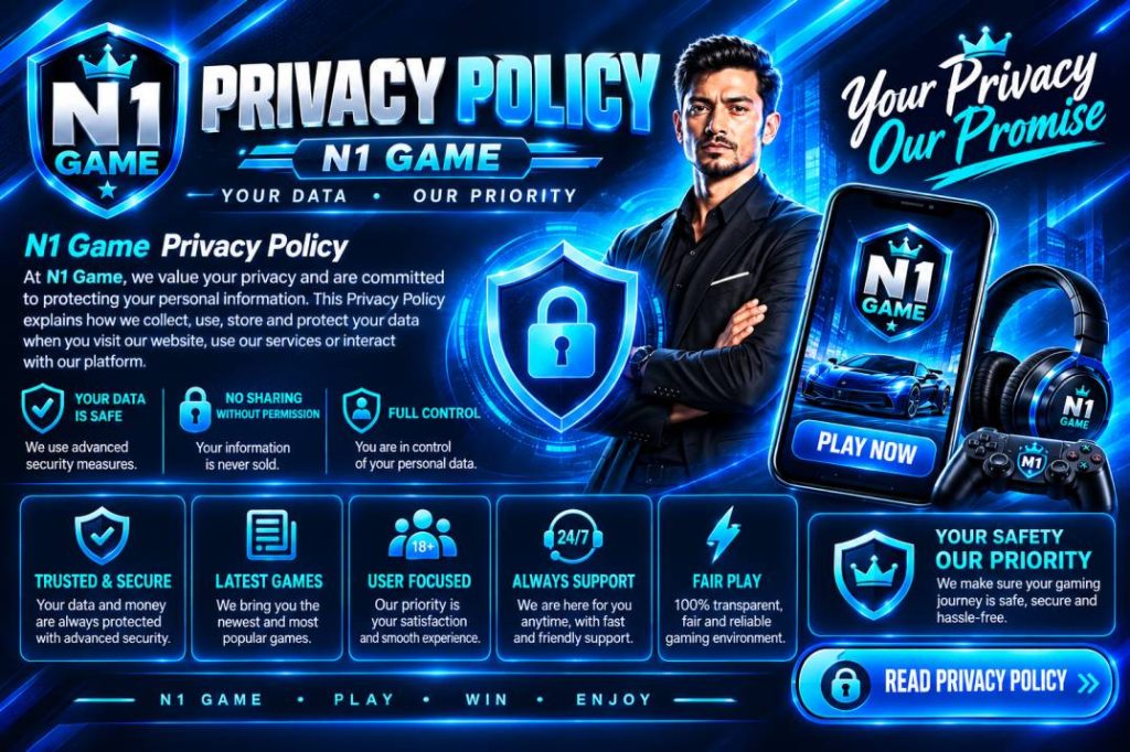 N1 Game Privacy Policy 2026 banner featuring a neon-blue gaming design, N1 Game logo, privacy shield, lock icon, mobile app interface, and data protection information.