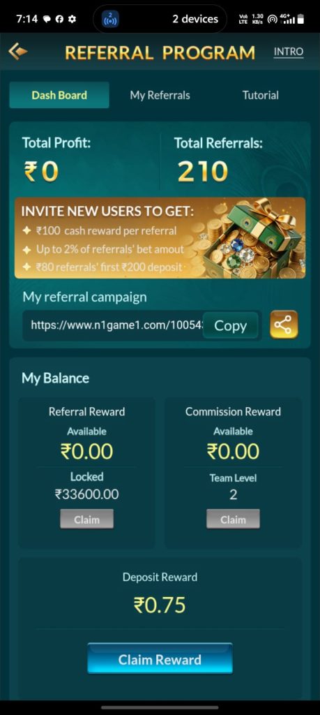 Aviator referral program dashboard showing referral rewards and balance