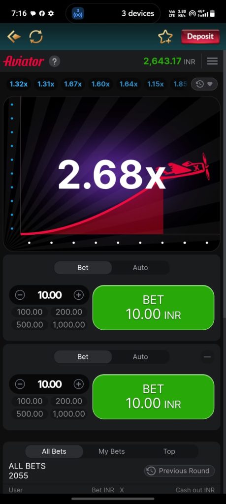 Aviator game interface showing 2.68x multiplier and betting options