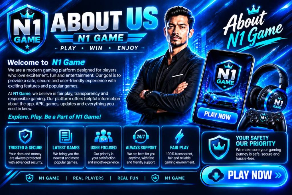 N1 Game About Us 2026 banner featuring N1 Game branding, a modern gaming platform, mobile app interface, professional gaming visuals, and user-focused features.
